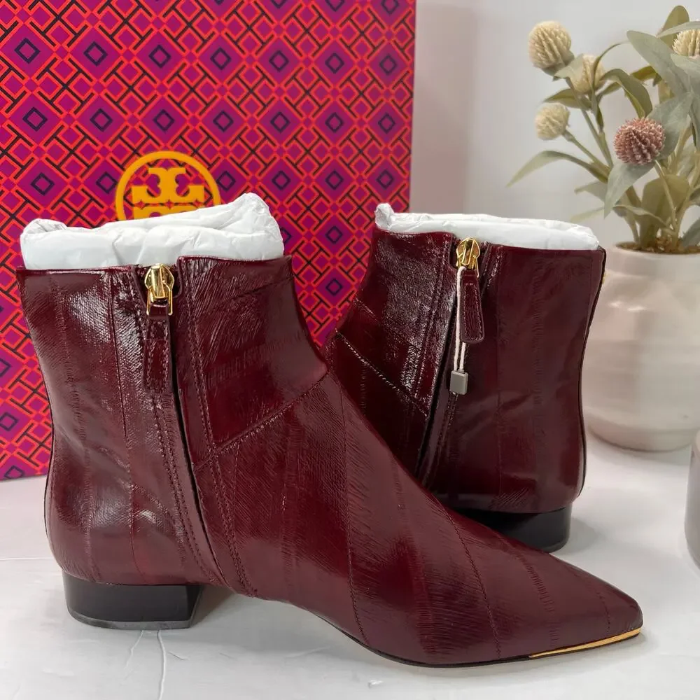 Tory Burch Lila 25mm Eel Leather Bootie Side Zip Wine Women's 5.5M NWB